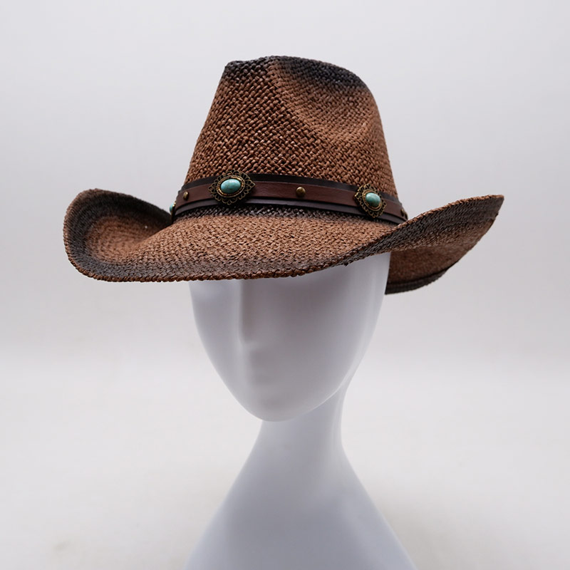 Türkisfarbenes Lederband, braune Stroh-Cowboyhüte